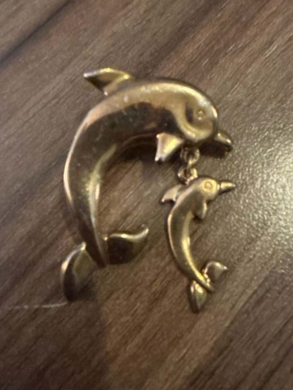 Vintage Gold Tone Mother And Baby Dolphin Figural Brooch Pin